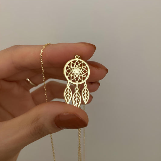 Altın Kaplama Düş Kapanı (Dreamcatcher Kolye) – Tüy Detaylı Zarif Takı - Lisen Jewelry