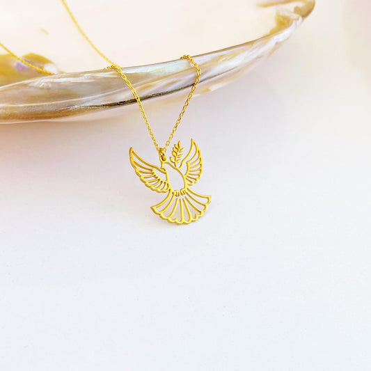 Umut ve İnanç Sembolü Altın Kaplama Güvercin Kolye: 925 Ayar Gümüş Zeytin Dalı Figürlü Spiritüel Takı - Lisen Aksesuar