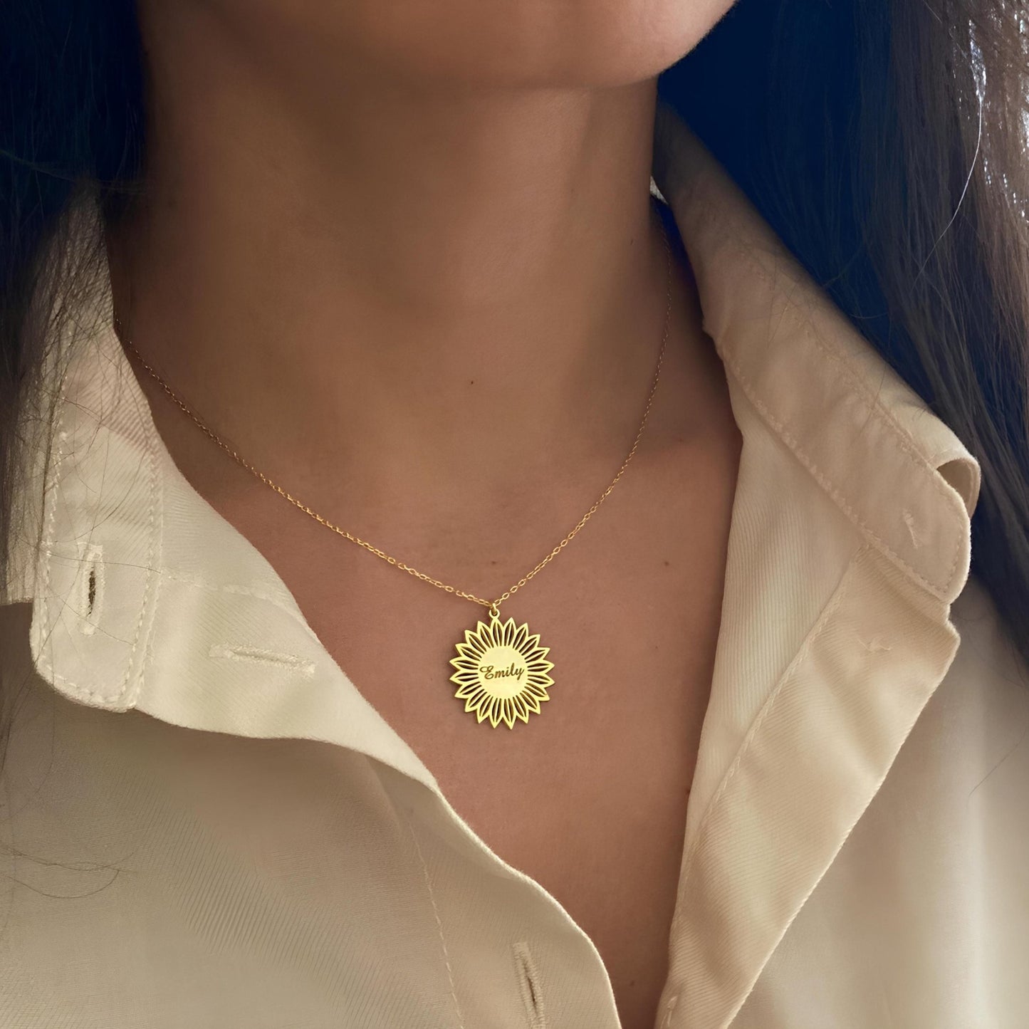 14 Ayar Altın Kaplama Ayçiçeği İsimli Kolye: 925 Ayar Gümüş Kişiye Özel Minimal Çiçek Kolye - Lisen Aksesuar
