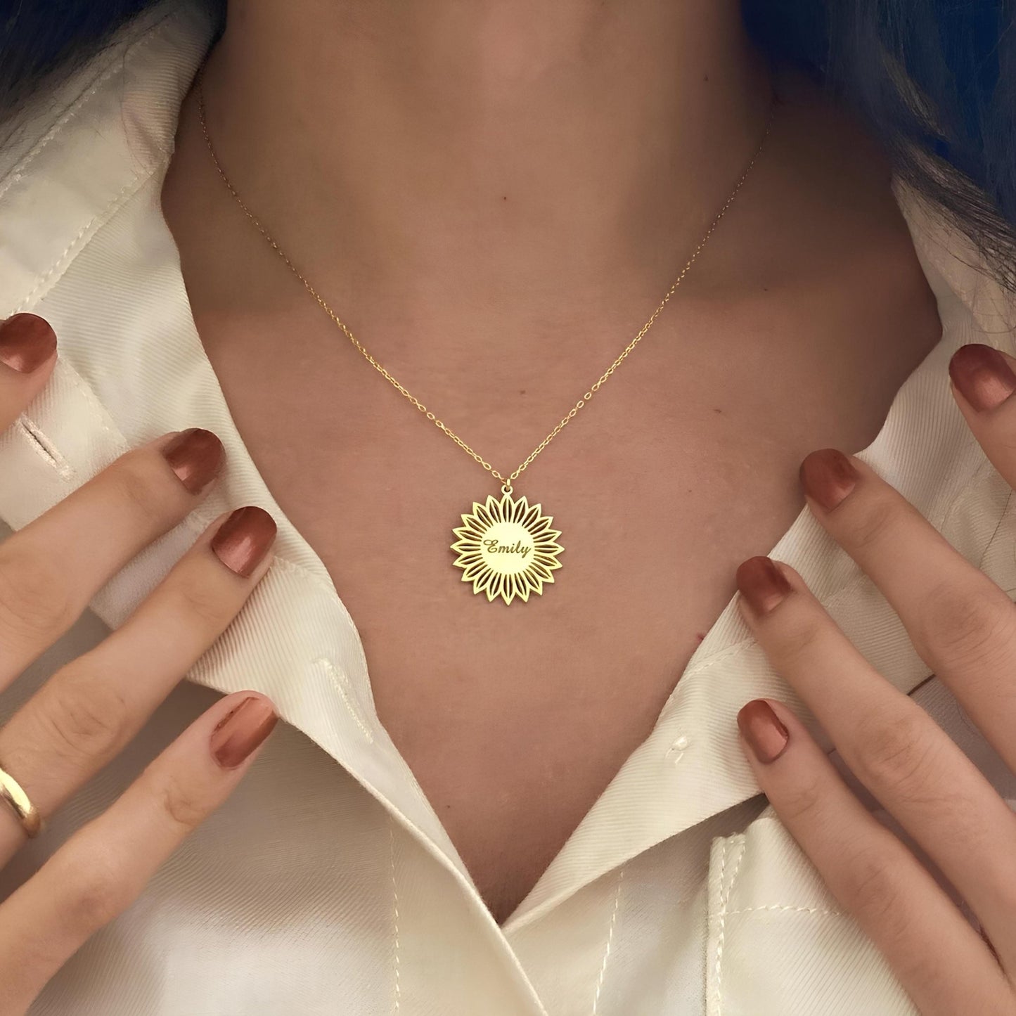 14 Ayar Altın Kaplama Ayçiçeği İsimli Kolye: 925 Ayar Gümüş Kişiye Özel Minimal Çiçek Kolye - Lisen Aksesuar