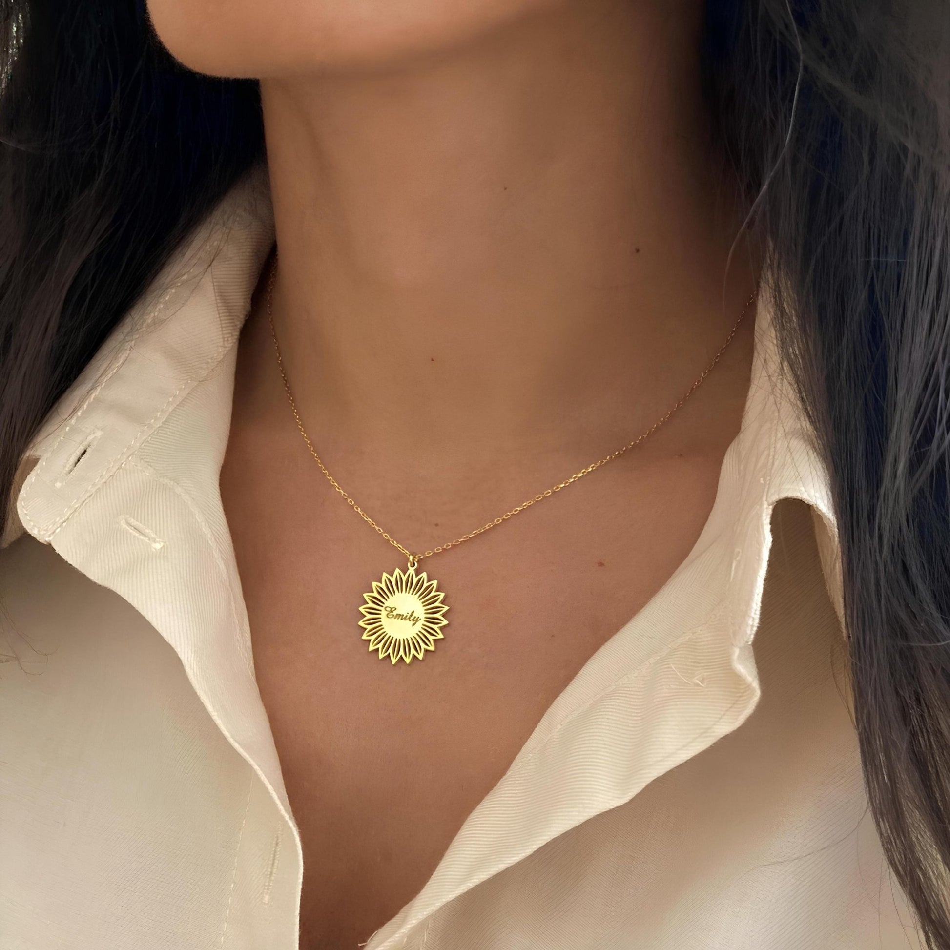 14 Ayar Altın Kaplama Ayçiçeği İsimli Kolye: 925 Ayar Gümüş Kişiye Özel Minimal Çiçek Kolye - Lisen Aksesuar