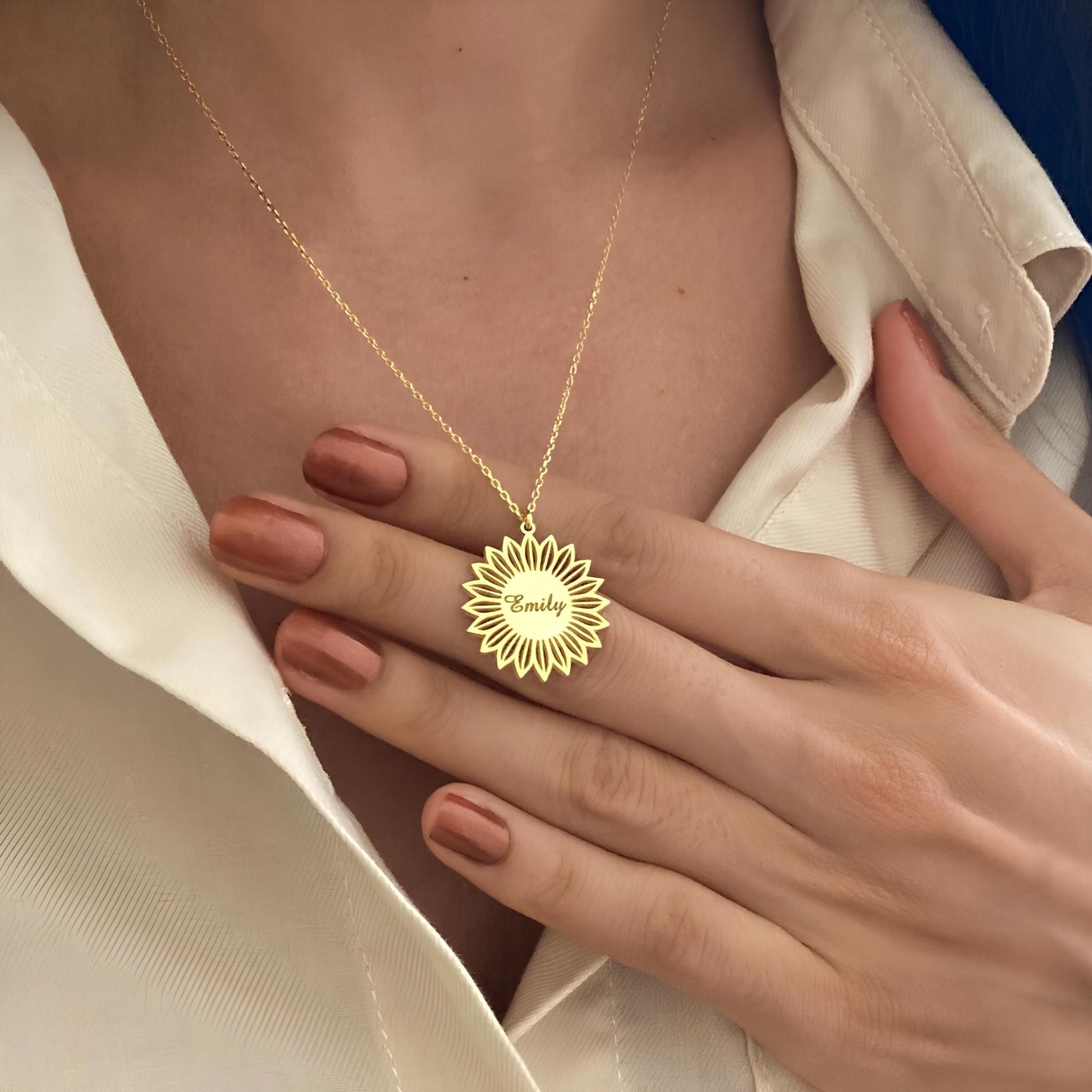 14 Ayar Altın Kaplama Ayçiçeği İsimli Kolye: 925 Ayar Gümüş Kişiye Özel Minimal Çiçek Kolye - Lisen Aksesuar