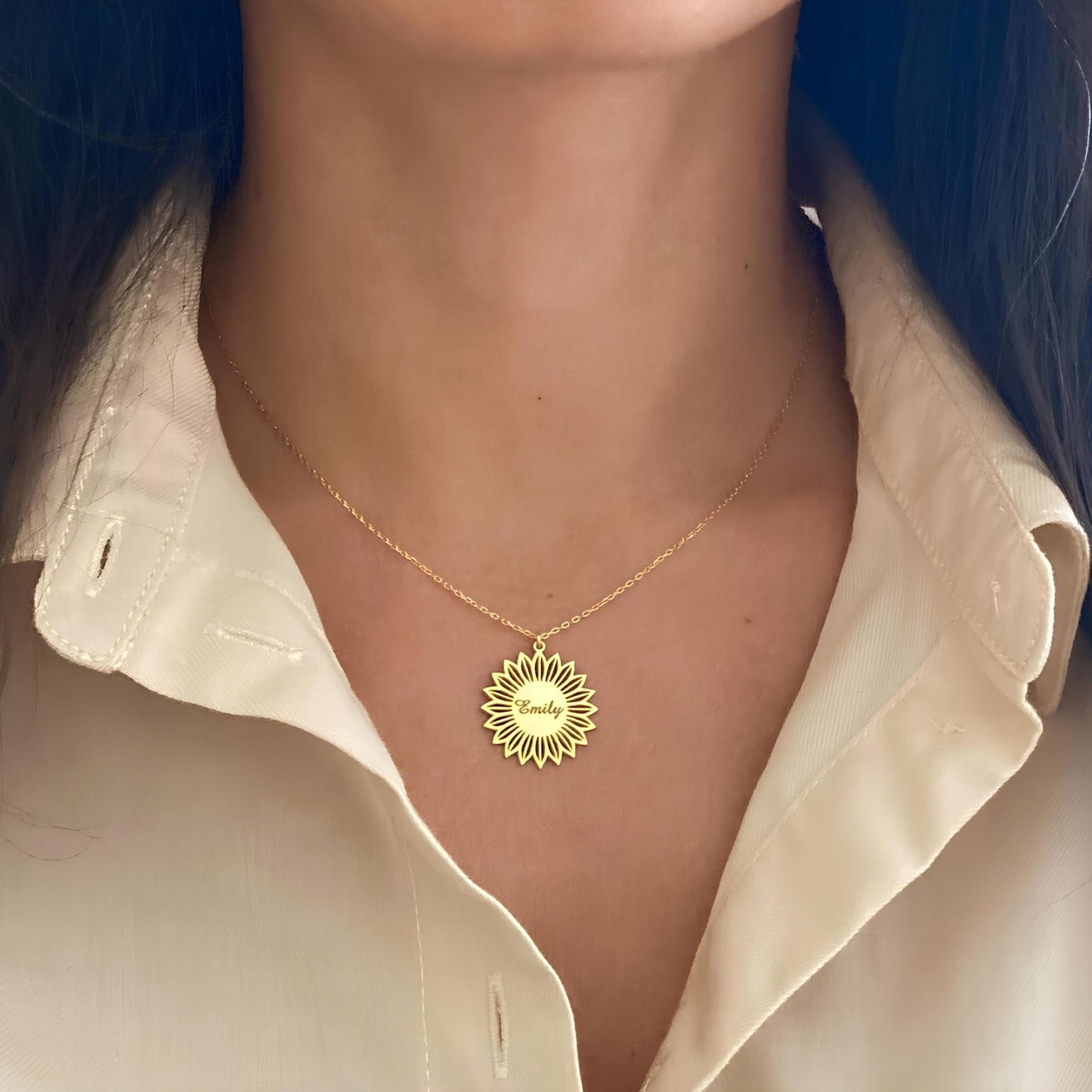 14 Ayar Altın Kaplama Ayçiçeği İsimli Kolye: 925 Ayar Gümüş Kişiye Özel Minimal Çiçek Kolye - Lisen Aksesuar