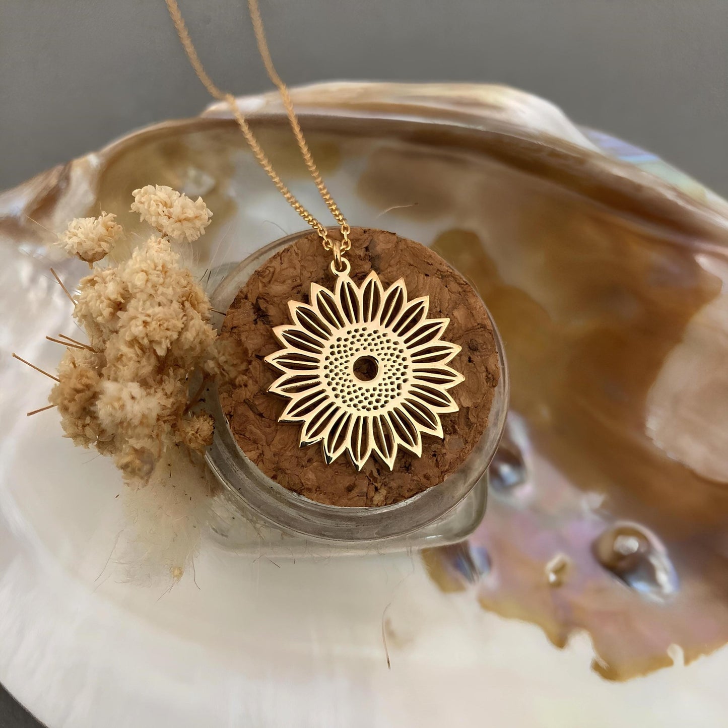 14 Ayar Altın Kaplama Ayçiçeği Kolye: 925 Ayar Gümüş Minimalist Çiçek Kolye - Lisen Aksesuar