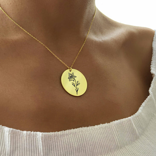 14 Ayar Altın Kaplama Doğum Çiçeği Kolye: 925 Ayar Gümüş Kişiye Özel Gravürlü Madalyon - Lisen Aksesuar