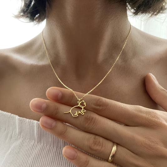 14 Ayar Altın Kaplama Kedi Kolye: 925 Ayar Gümüş Minimal Evcil Hayvan Kolyesi - Lisen Aksesuar