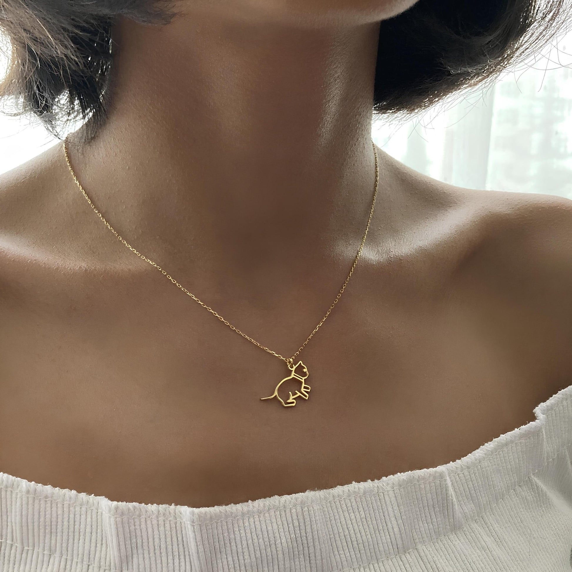 14 Ayar Altın Kaplama Kedi Kolye: 925 Ayar Gümüş Minimal Evcil Hayvan Kolyesi - Lisen Aksesuar