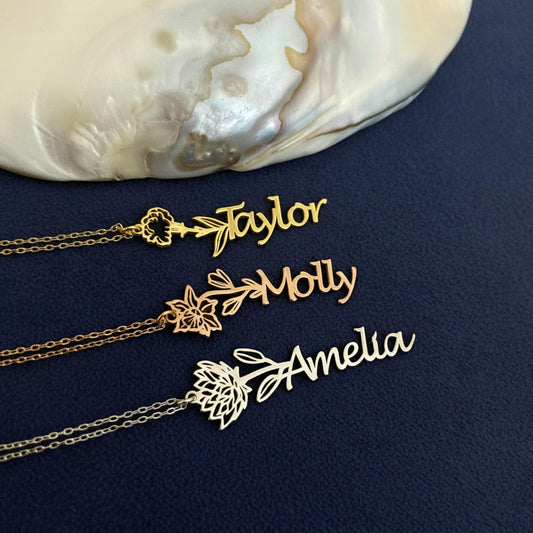14 Ayar Altın Kaplama Kişiye Özel Doğum Çiçeği İsimli Kolye: 925 Ayar Gümüş Zarif ve Anlamlı Hediye - Lisen Aksesuar