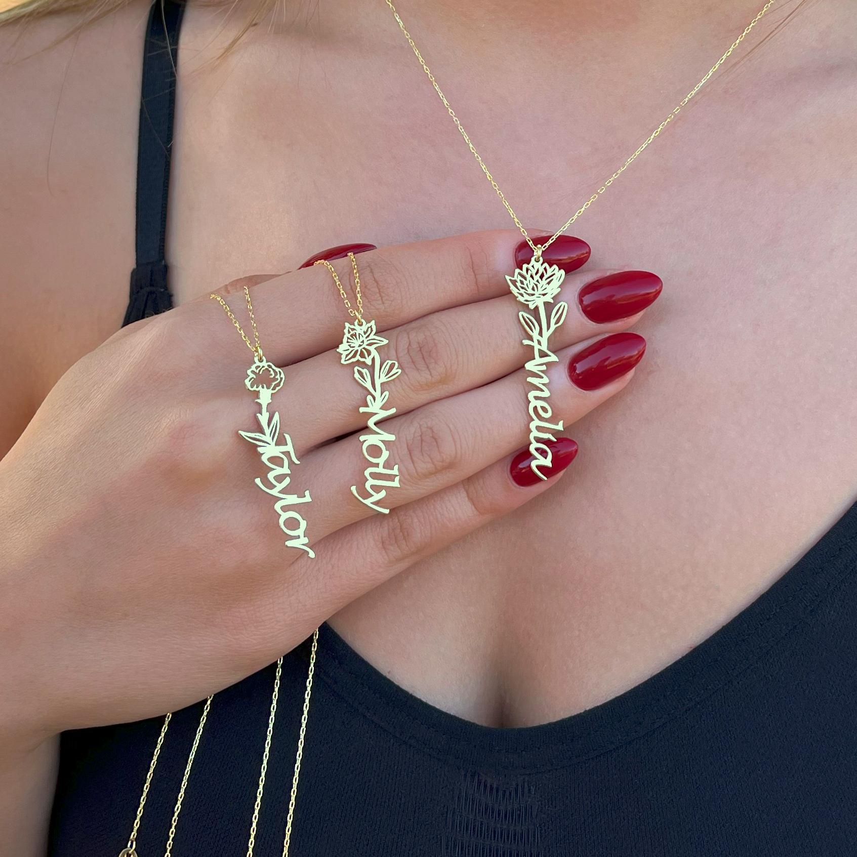 14 Ayar Altın Kaplama Kişiye Özel Doğum Çiçeği İsimli Kolye: 925 Ayar Gümüş Zarif ve Anlamlı Hediye - Lisen Aksesuar