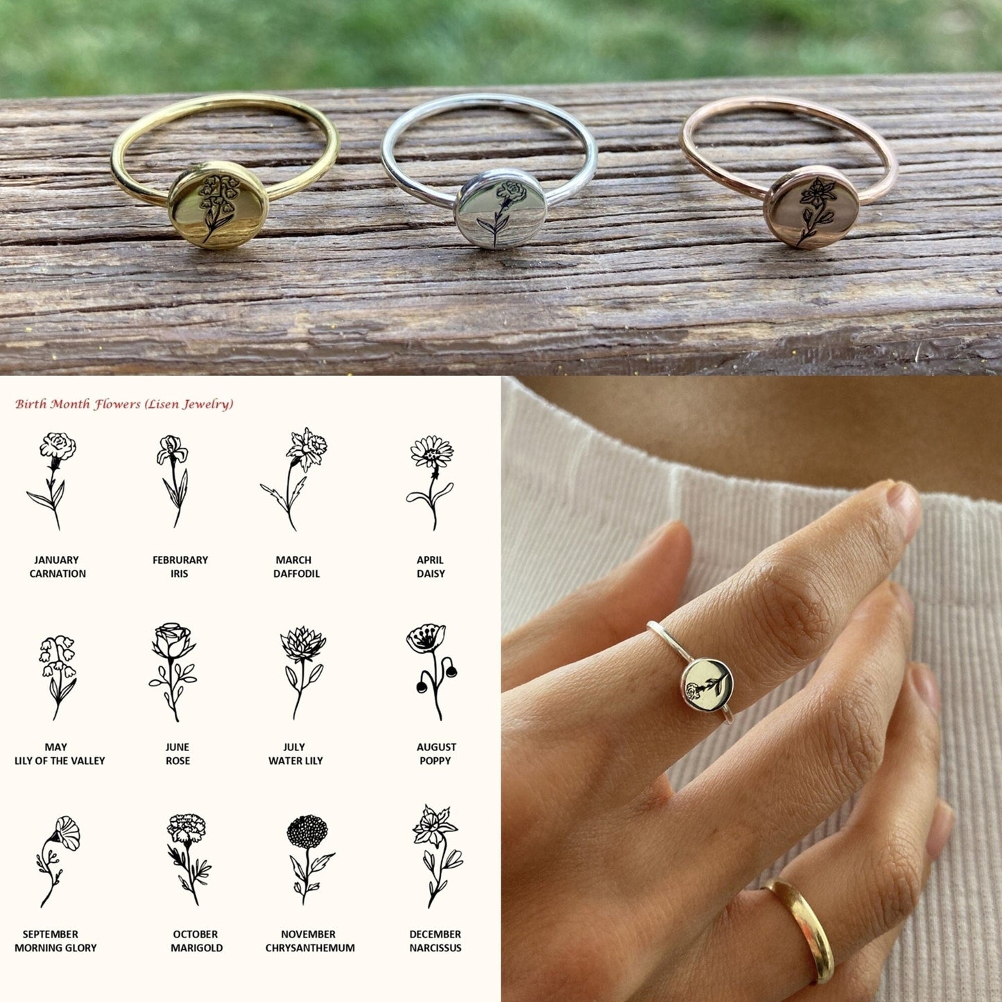 14 Ayar Altın Kaplama Kişiye Özel Doğum Çiçeği Yüzük: 925 Ayar Gümüş Özel Gravürlü Takı - Lisen Aksesuar