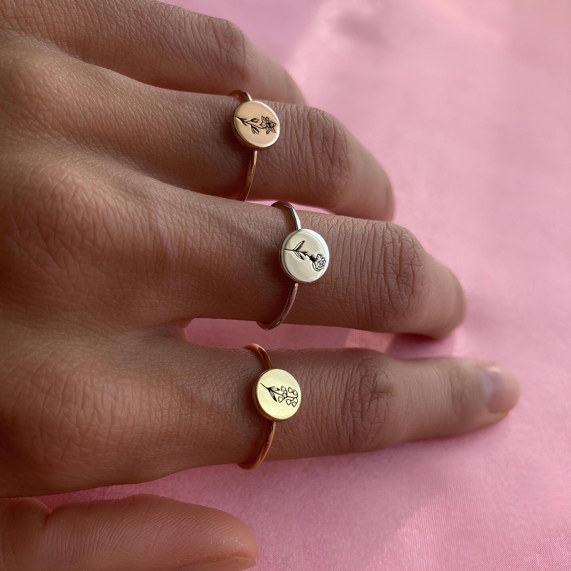 14 Ayar Altın Kaplama Kişiye Özel Doğum Çiçeği Yüzük: 925 Ayar Gümüş Özel Gravürlü Takı - Lisen Aksesuar