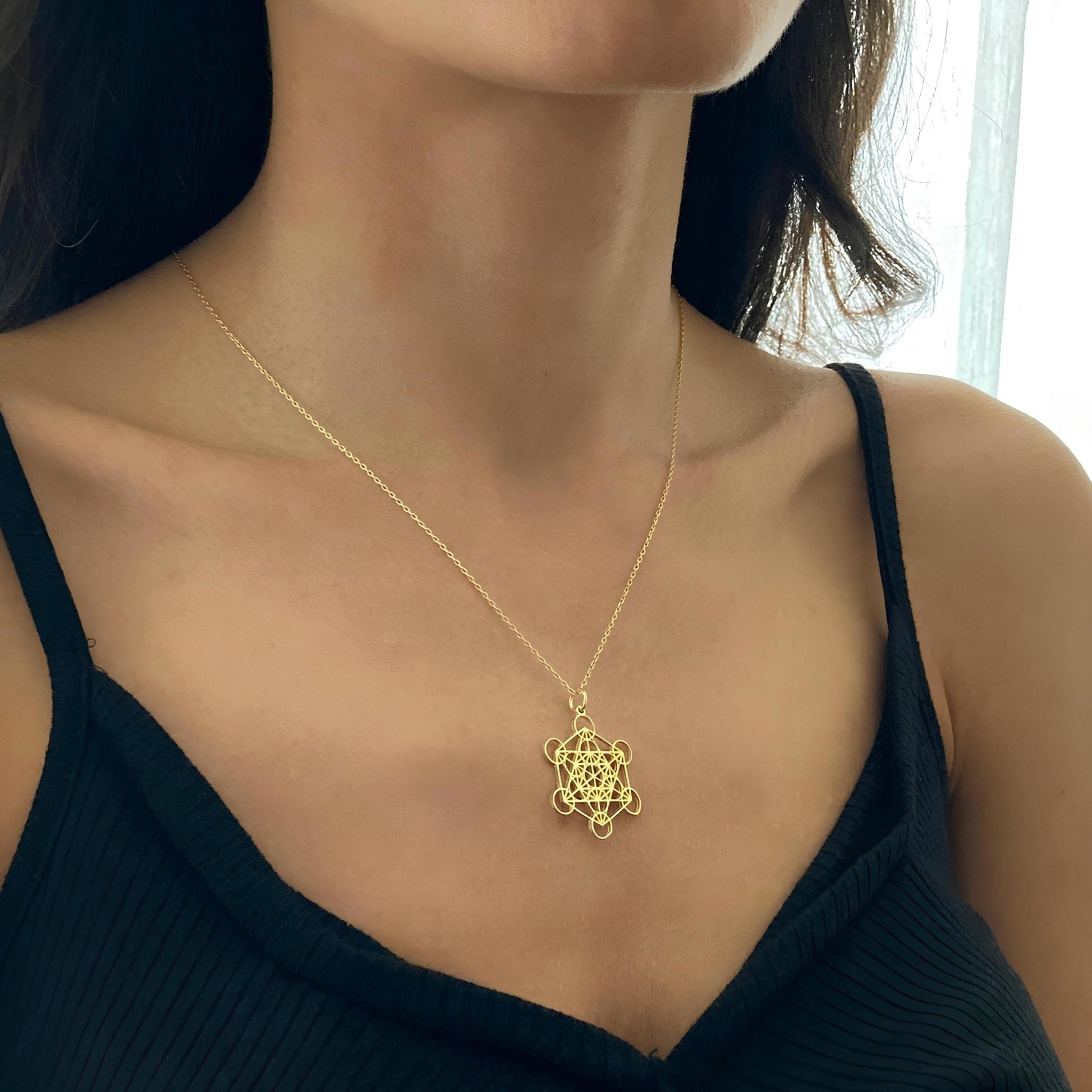 14 Ayar Altın Kaplama Metatron Küp Kolye: 925 Ayar Gümüş Kutsal Geometri Takısı - Lisen Aksesuar