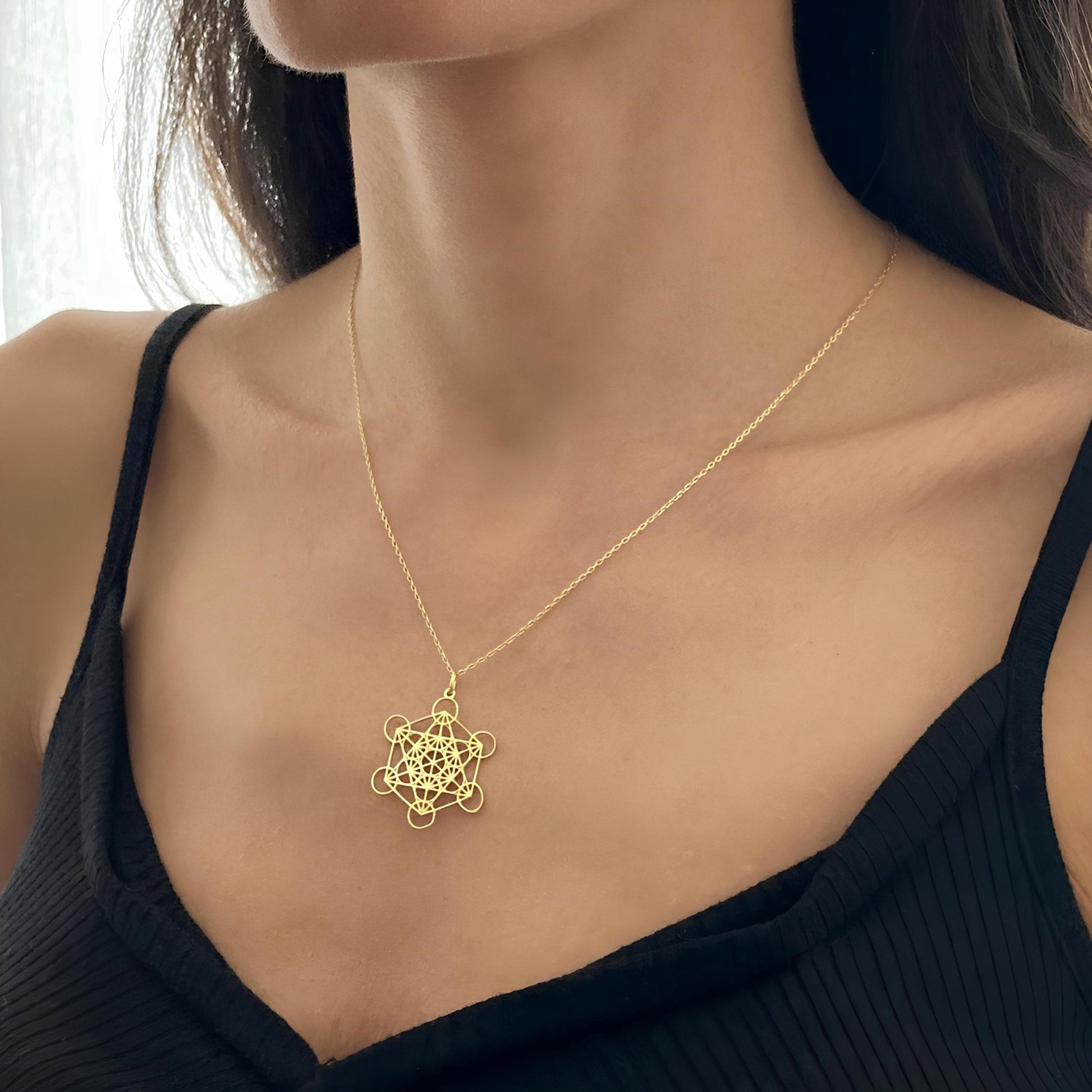 14 Ayar Altın Kaplama Metatron Küp Kolye: 925 Ayar Gümüş Kutsal Geometri Takısı - Lisen Aksesuar