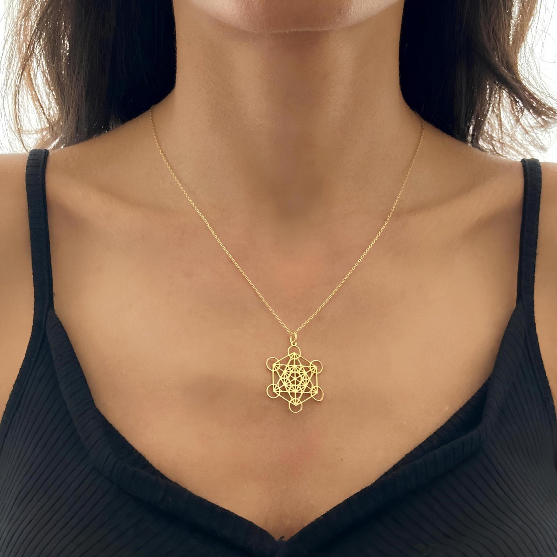 14 Ayar Altın Kaplama Metatron Küp Kolye: 925 Ayar Gümüş Kutsal Geometri Takısı - Lisen Aksesuar