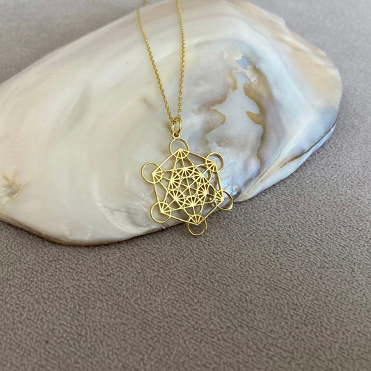 14 Ayar Altın Kaplama Metatron Küp Kolye: 925 Ayar Gümüş Kutsal Geometri Takısı - Lisen Aksesuar