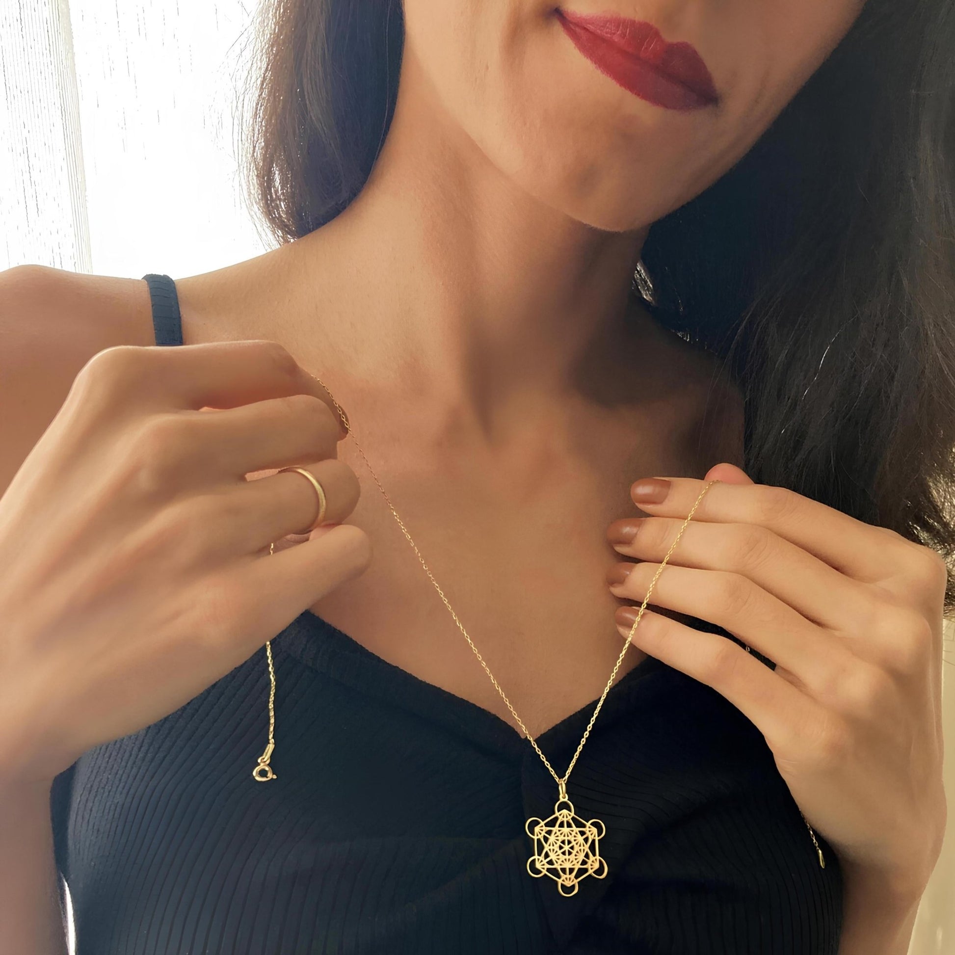 14 Ayar Altın Kaplama Metatron Küp Kolye: 925 Ayar Gümüş Kutsal Geometri Takısı - Lisen Aksesuar