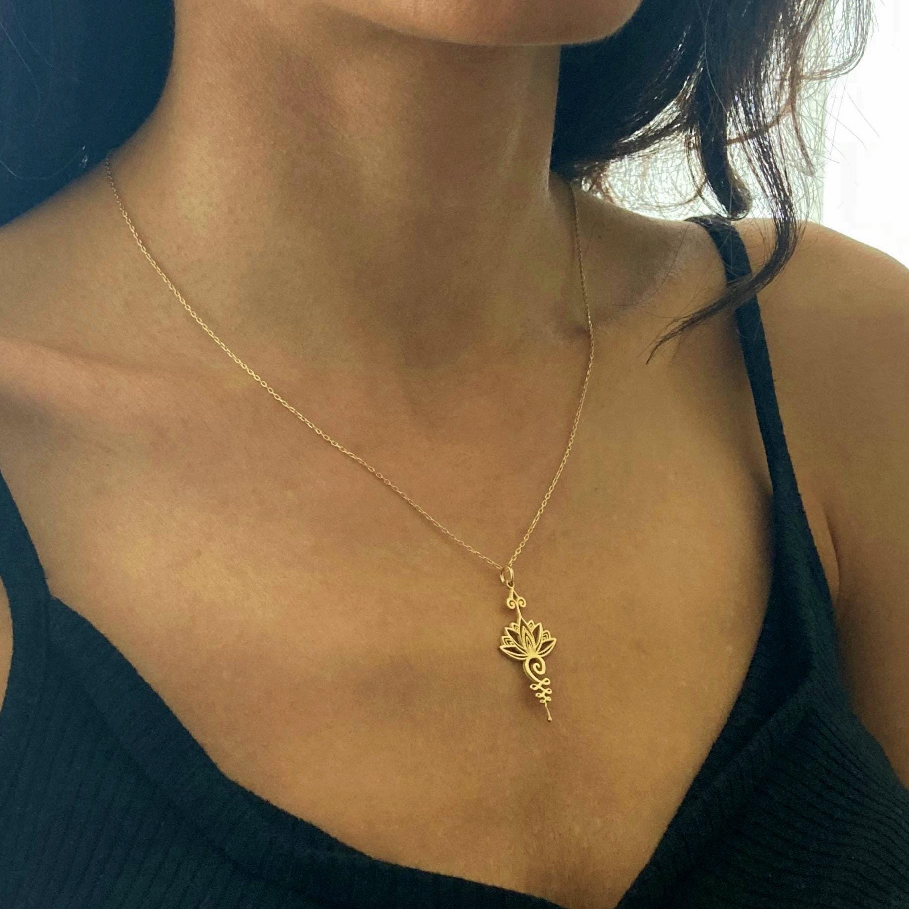 14 Ayar Altın Kaplama Unalome Lotus Çiçeği Kolye: 925 Ayar Gümüş Spiritüel Takı - Lisen Aksesuar