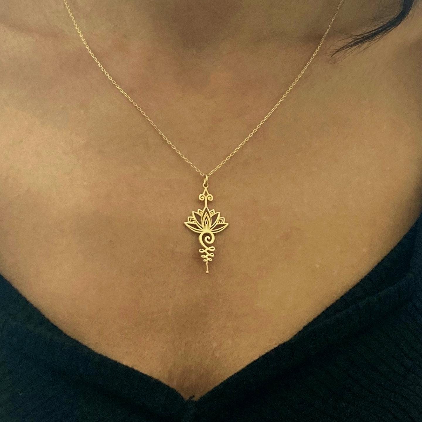 14 Ayar Altın Kaplama Unalome Lotus Çiçeği Kolye: 925 Ayar Gümüş Spiritüel Takı - Lisen Aksesuar