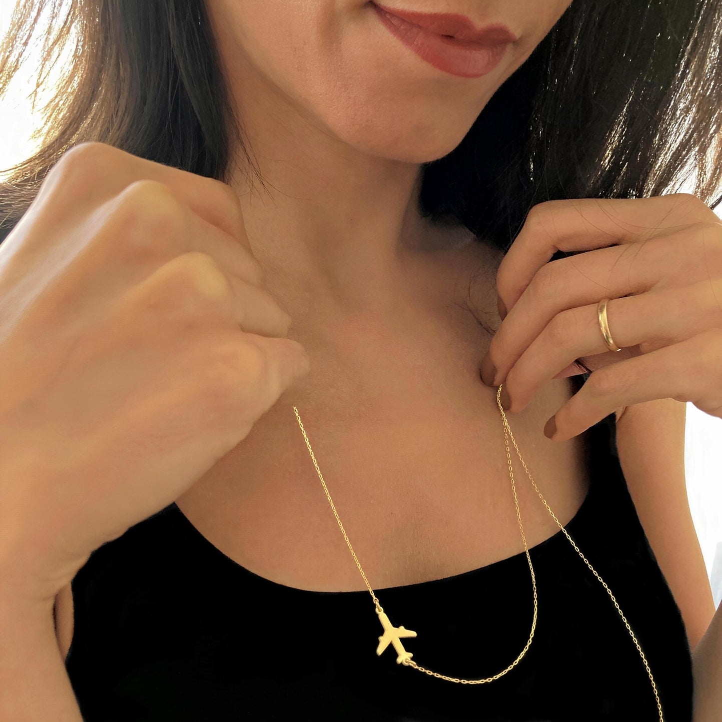 14 Ayar Altın Kaplama Yatay Uçak Kolye: 925 Ayar Gümüş Havacılık ve Seyahat İlhamlı Takı - Lisen Aksesuar