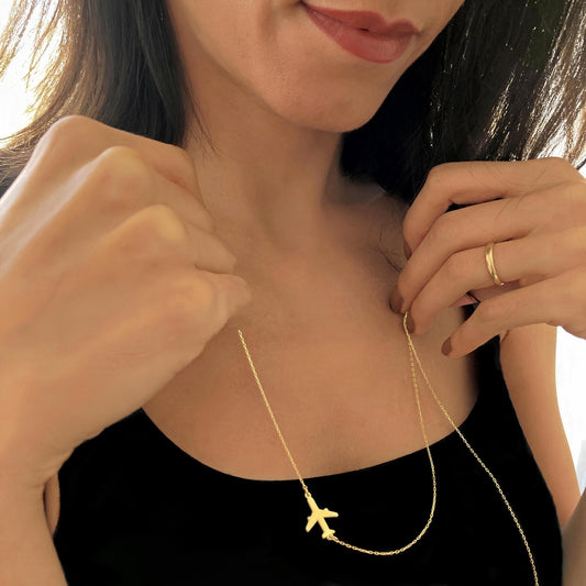 14 Ayar Altın Kaplama Yatay Uçak Kolye: 925 Ayar Gümüş Havacılık ve Seyahat İlhamlı Takı - Lisen Aksesuar