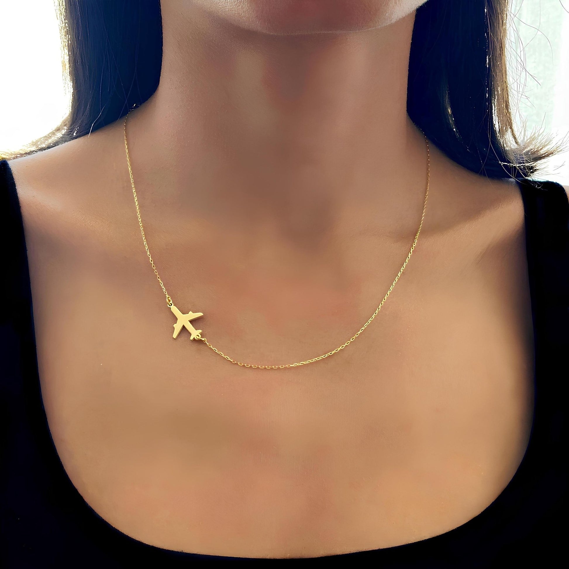 14 Ayar Altın Kaplama Yatay Uçak Kolye: 925 Ayar Gümüş Havacılık ve Seyahat İlhamlı Takı - Lisen Aksesuar