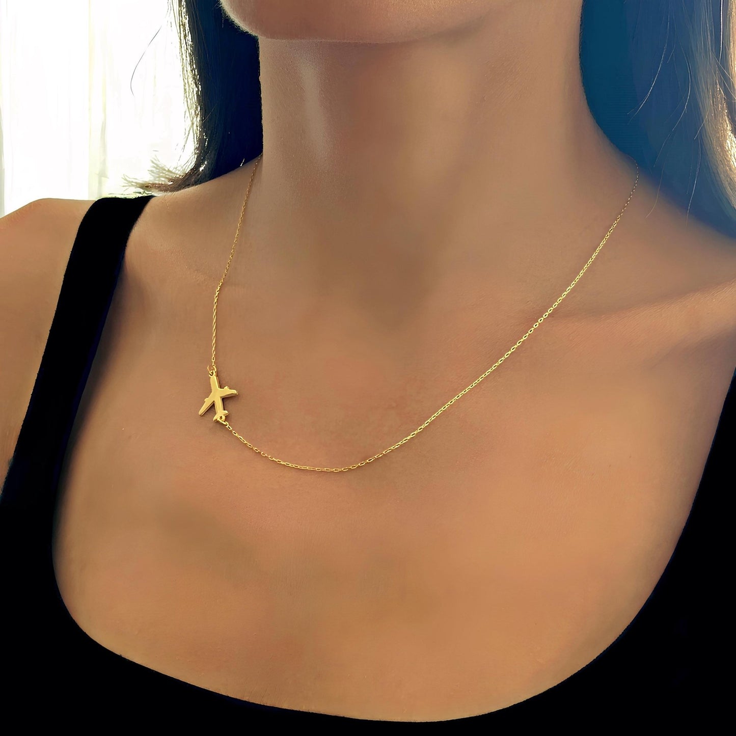 14 Ayar Altın Kaplama Yatay Uçak Kolye: 925 Ayar Gümüş Havacılık ve Seyahat İlhamlı Takı - Lisen Aksesuar