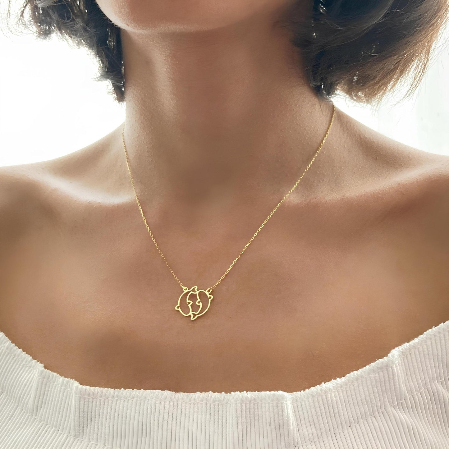 14 Ayar Altın Kaplama Yunus Çift Kolye Seti: 925 Ayar Gümüş Deniz Temalı Takı - Lisen Aksesuar