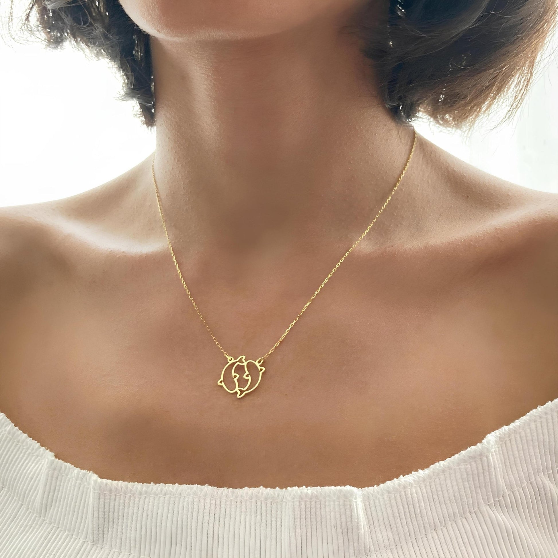 14 Ayar Altın Kaplama Yunus Çift Kolye Seti: 925 Ayar Gümüş Deniz Temalı Takı - Lisen Aksesuar