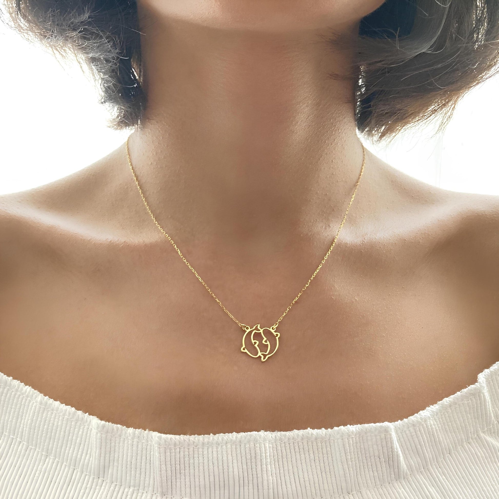 14 Ayar Altın Kaplama Yunus Çift Kolye Seti: 925 Ayar Gümüş Deniz Temalı Takı - Lisen Aksesuar