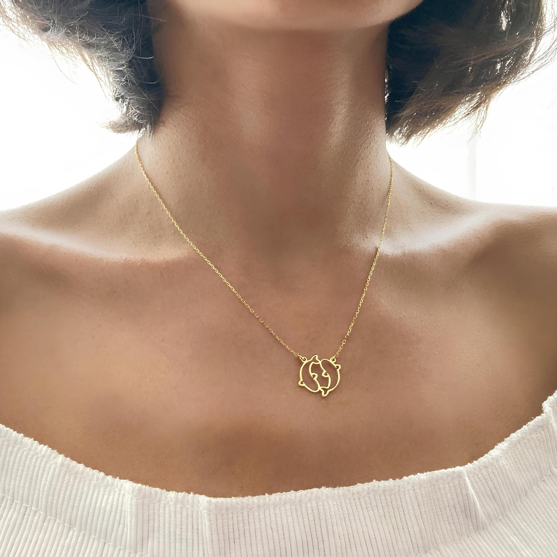 14 Ayar Altın Kaplama Yunus Çift Kolye Seti: 925 Ayar Gümüş Deniz Temalı Takı - Lisen Aksesuar