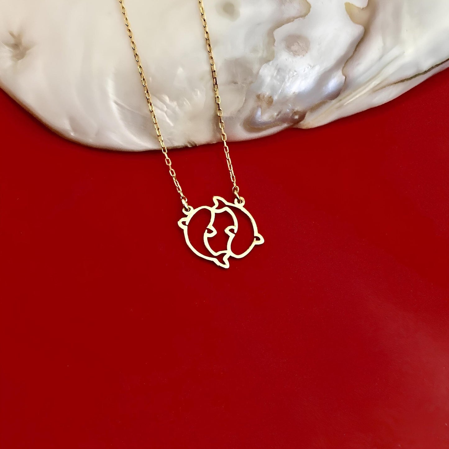 14 Ayar Altın Kaplama Yunus Çift Kolye Seti: 925 Ayar Gümüş Deniz Temalı Takı - Lisen Aksesuar