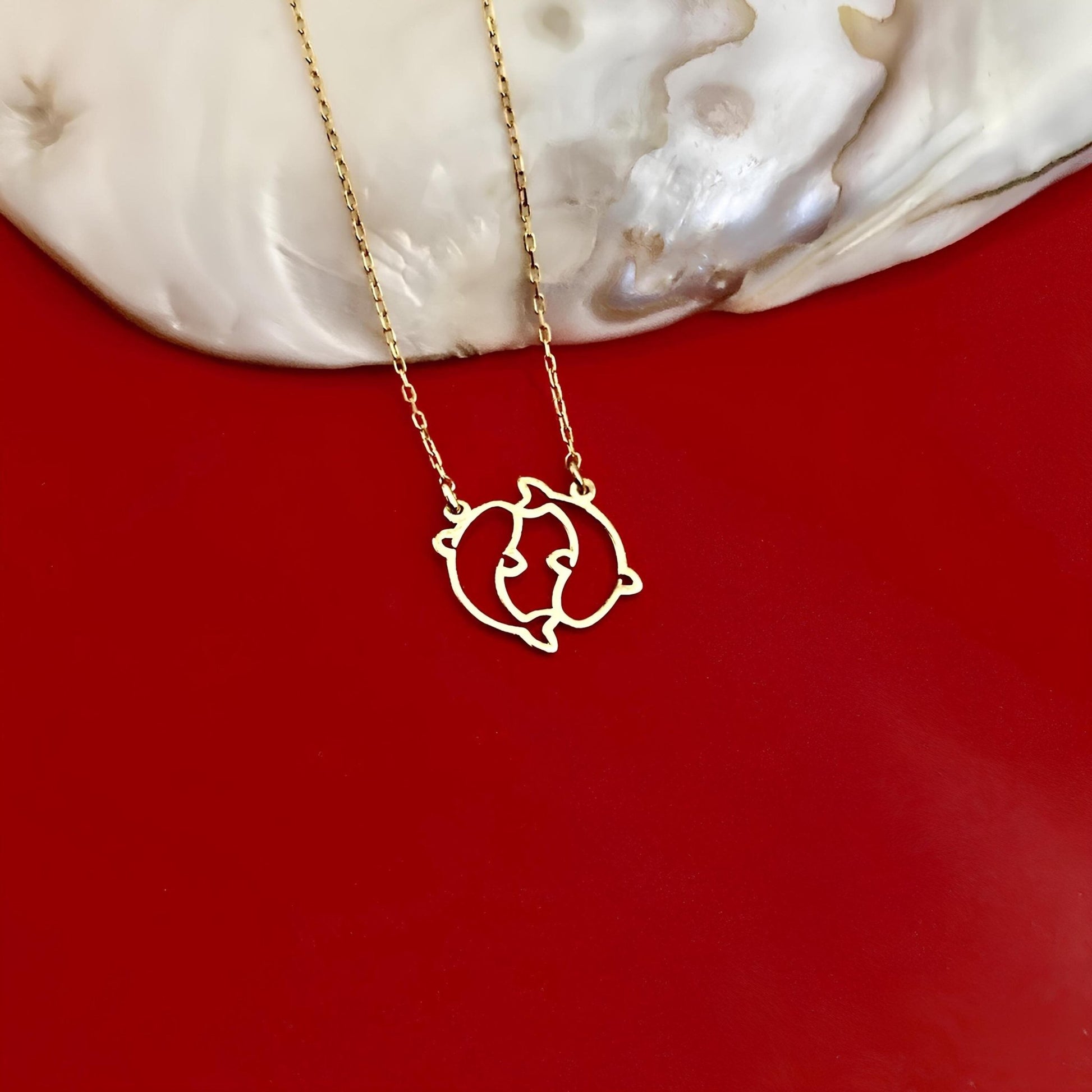 14 Ayar Altın Kaplama Yunus Çift Kolye Seti: 925 Ayar Gümüş Deniz Temalı Takı - Lisen Aksesuar