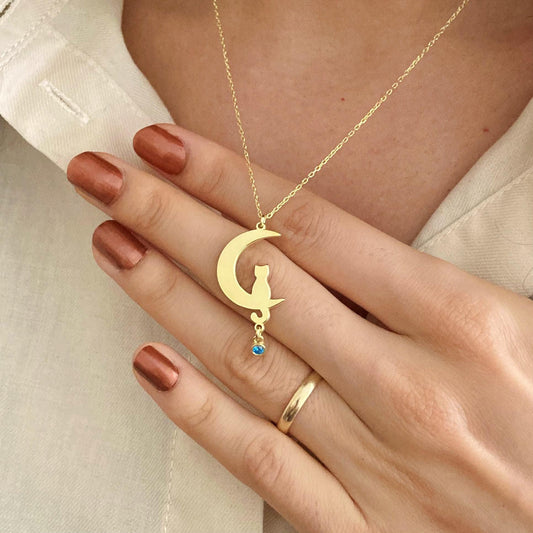 925 Ayar Gümüş Kedi Ay Kolye Doğum Taşlı: Kişiye Özel Ay & Kedi Figürlü Altın Kaplama Kolye - Lisen Aksesuar